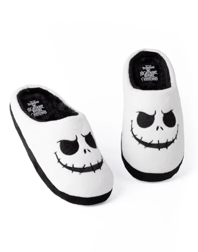 The Nightmare Before Christmas Womens Slippers in White | Ladies Jack Skellington Ghost Halloween Footwear | Xmas Holiday NMBC Loungewear | Slip On House Shoes Nightwear Gift for Her