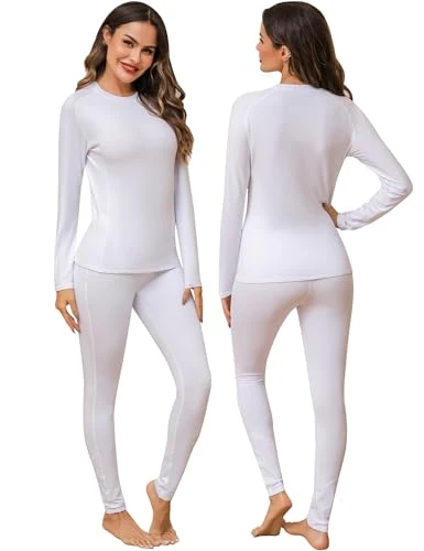 Thermal Underwear Set for Women, Ladies Thermal Clothing & Leggings, Ultra Soft Long Sleeved Base Layer Tops & Bottoms White