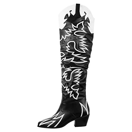 Thigh High Booties for Women Embroidered Cowboy Cowgirls Boots with Tabs Stacked Heeled Over the Kne