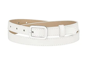 Thin Waist Belts for Women Rectangle Pin Buckle Skinny Leather Belt for Pants Dress White