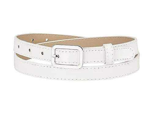 Thin Waist Belts for Women Rectangle Pin Buckle Skinny Leather Belt for Pants Dress White