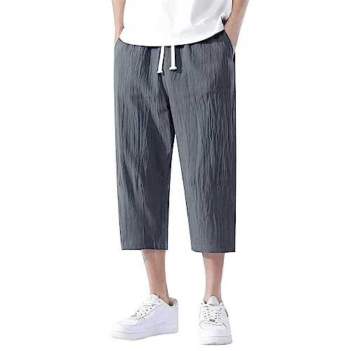 Three Quarter Length Trousers Men Cotton Linen Cargo Work Pants Casual Beach Trousers Solid Color Li