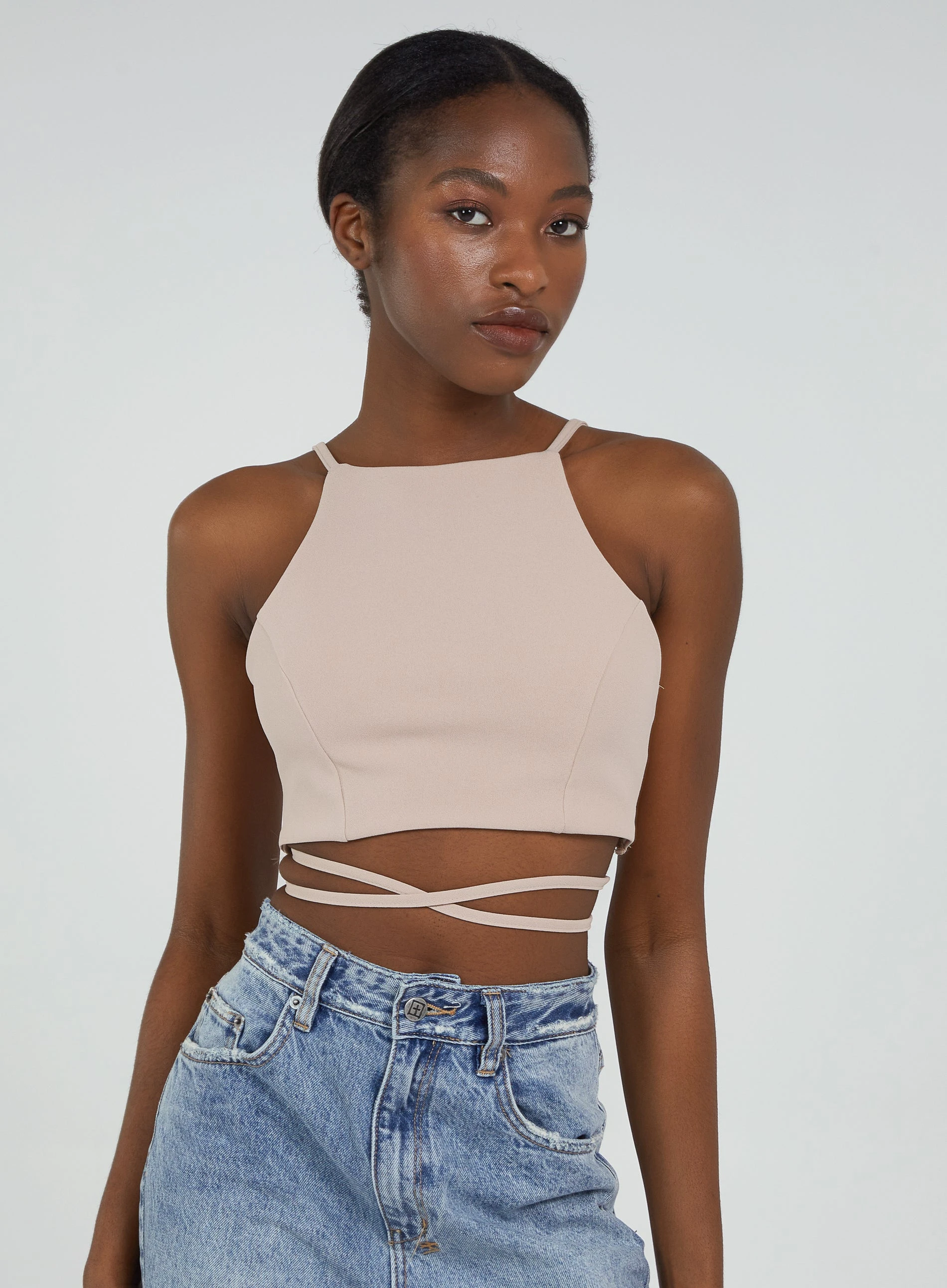 Tie Back Crop Top  - M  - Stone