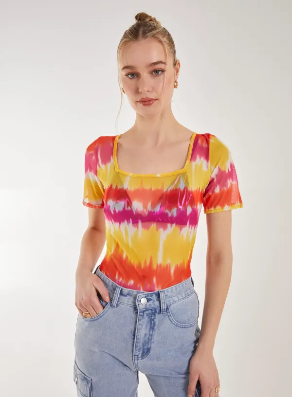 Tie Dye Mesh Square Neck Bodysuit - 12 - MULTI