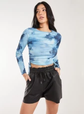 Tie Dye Print Long Sleeve Rib Top  - S  - BLUE