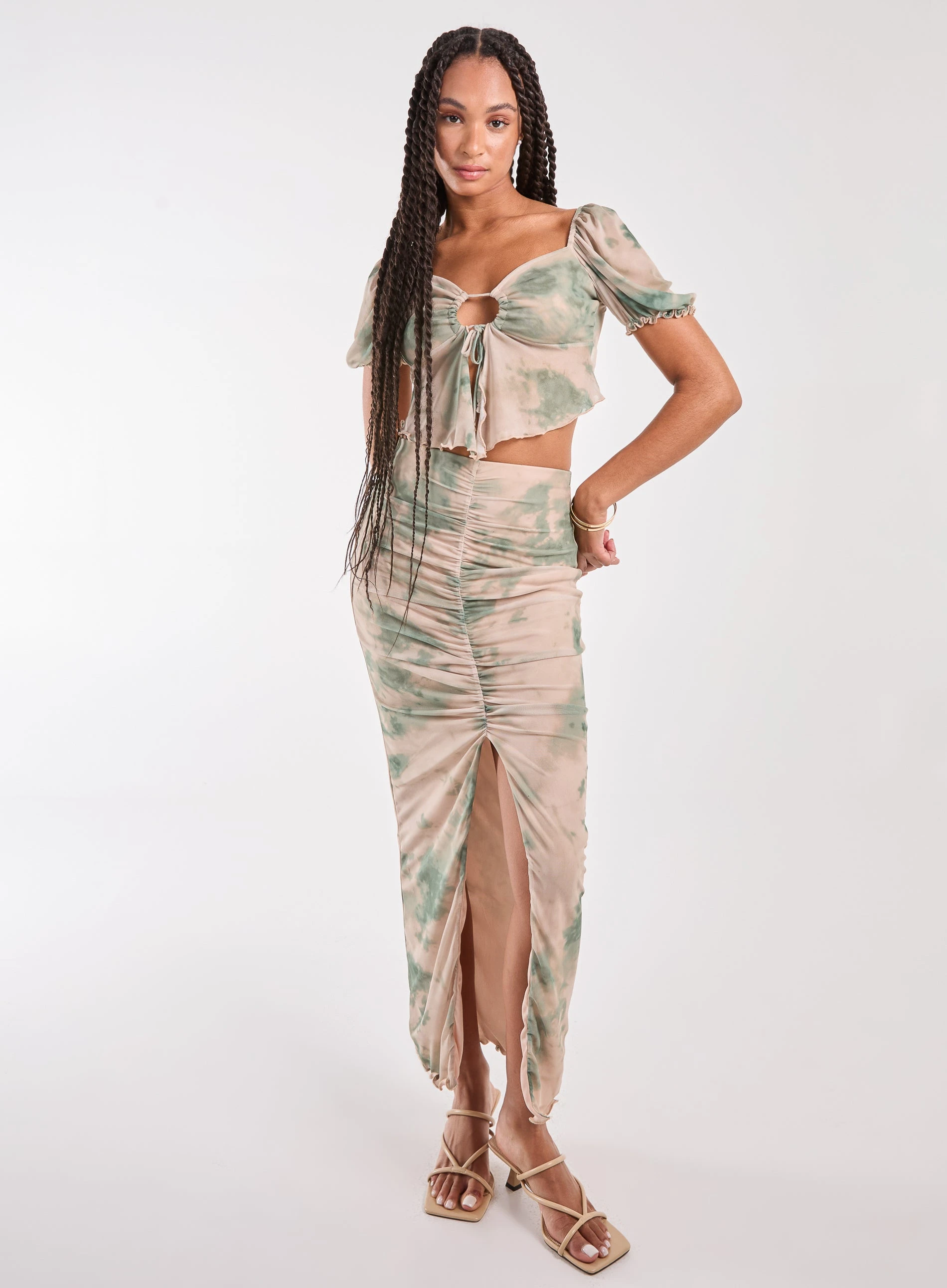 Tie Dye Ruched Split Maxi Skirt  - S  - KHAKI