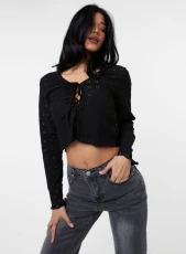 Tie Front Cutwork Cardigan BLACK