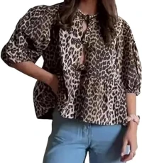 Tie Front Peplum Blouse Tops for Women Short Puff Sleeve Babydoll Top Vintage Elegant Summer Cute Going Out Poplin Shirt Tops Plus Size (Leopard Print, M)