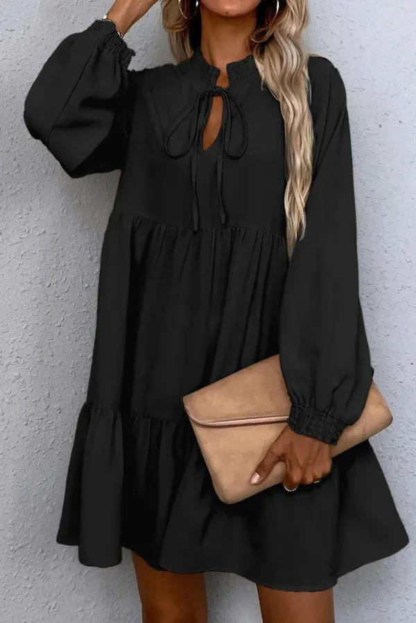 Tie Split Neck Smocked Detail Long Puff Sleeve Ruffle Hem Loose Dress - Black / L