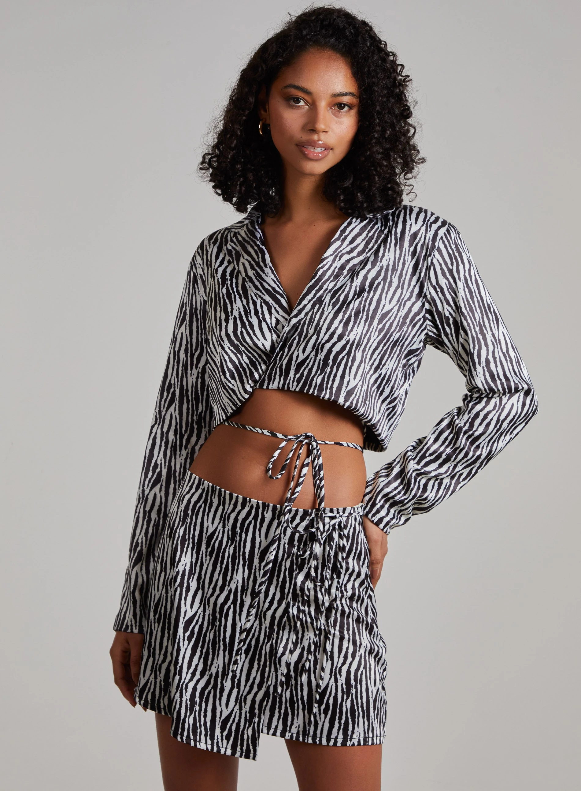 Tie Waist Satin Zebra Crop Top  - M  - Black Pattern