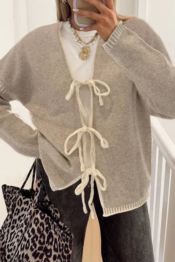 Tied Front Drop Shoulder Chunky Casual Cardigan - Beige /