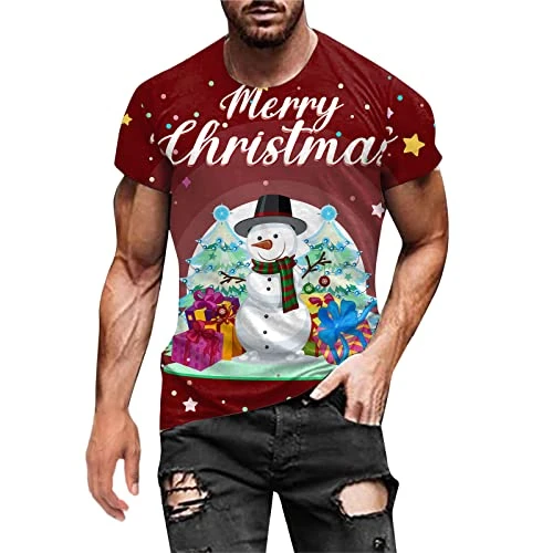 Tight T-Shirts Men Autumn Winter Casual Short Sleeve Christmas 3D Printed T-Shirts Fashion Top Blouse Jersey Man, Wine, XXL