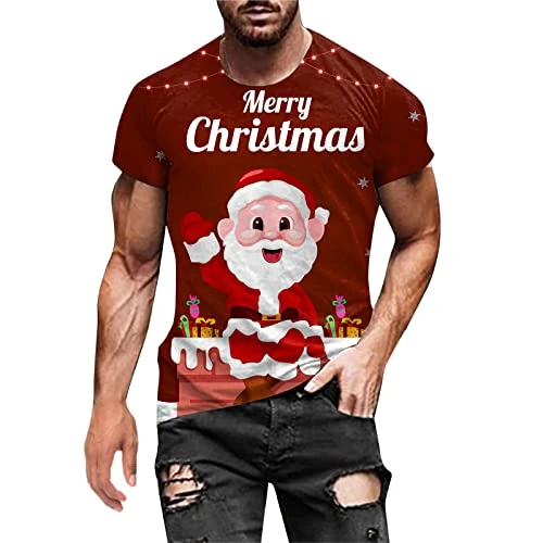 Tight T-Shirts Men Autumn Winter Casual Short Sleeve Christmas 3D Printed T-Shirts Fashion Top Blouse Jersey Man, red, XXL