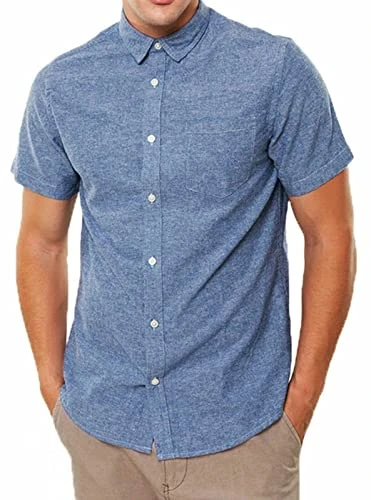 Tinso Men's Short Sleeve Cotton Casual Summer Slim Fit Shirt Blue