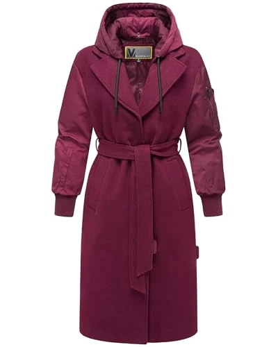 Tjadee 16 Women's Long Transition Coat Outdoor Coat in Trendy Material Mix (Style Break) with Removable Hood and Tie Belt XS - 3XL, Wine Red, XL