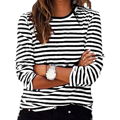 Today Deals Ladies Striped Tops 2024 Fall Long Sleeve Crewneck Shirts UK Fashion Lightweight Pullove