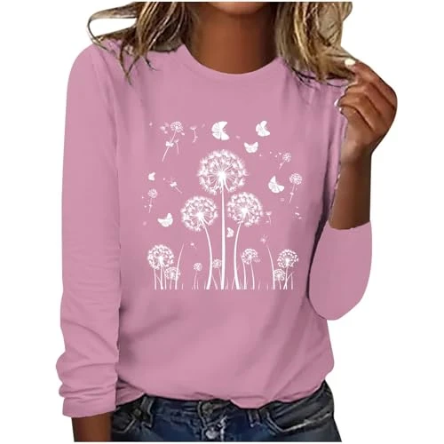 Today Deals Women Fashion Sweatshirt UK Long-Sleeve Lightweight Crew Neck Jumper Loose Fit Dandelion Print Casual Pullover Tops Basic Soft Sweat Blouse Ladies Going Out Tee