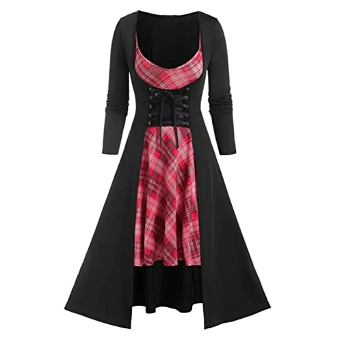 Todays Daily Deals Women Vintage Casual Plaid Gothic Dress A Line Lace Up Suspender Skirt Long Sleeve Knee Length Vintage Fall Dress Set Womens Dress Lingerie Tunic for Lightning Deals of Today Red