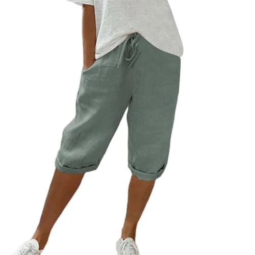 Today's Deals of The Day Linen Shorts Women Knee Length Drawstring Women Shorts with Pocket Solid Color Printed Pants Elastic 2024 Summer UK Loose Fit Breathable Casual Shorts for Ou Sale Clearance