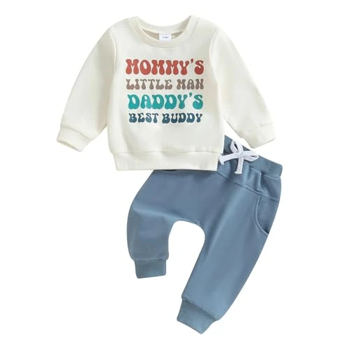 Toddler Baby Boy Outfits Mommys Little Man Daddys Best Buddy Sweatshirt Solid Elastic Pants 2pcs Fal