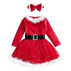 Toddler Baby Girl Christmas Fur Santa Clause Cosplay Knitted Tutu Skirt+Headband Hats+ Belt Xmas Bow