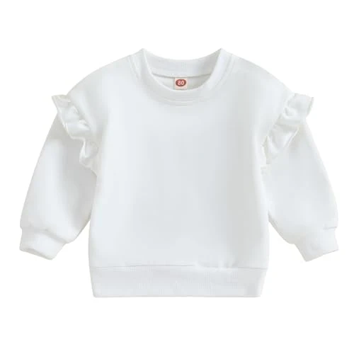 Toddler Baby Girl Clothes Outfits Ruffle Long Sleeve Loose Sweatshirt Basic Fall Crewneck Solid Sweater Shirt (White, 12-18 Months)