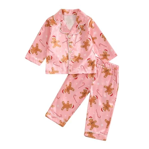 Toddler Baby Girl Silky Satin Christmas Pyjamas Sets Long Sleeve Button Down Top and Bottoms Girls My First Christmas Pjs Cute Print Christmas Pajamas (Gingerbread Man Rose, 18-24 Months)