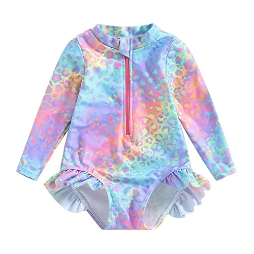 Toddler Baby Girl Swimming Costume Long Sleeve Zip Up Ruffle Mermaid Swimsuit Fish Scale Pattern Sun Protection Rash Guard Swimwear One Piece Bathing Suits Summer Beachwear (Blue Pink, 2-3 Years)
