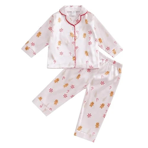 Toddler Baby Satin Christmas Pyjamas Set Long Sleeve Button Down Top and Bottoms Girls Boys My First Christmas Pjs Cute Print Christmas Pajamas (Gingerbread Man Light Rose, 3-4 Years)