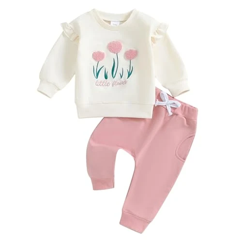 Toddler Cute Flower Ruffle Baby Girl Flying Embroidery Long Sleeve Elastic Outfit Clothes Pullover Sweatshirt Trousers Pants Pocket Set (Pink, 3-6 Months)