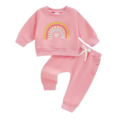 Toddler Long Sleeve Baby Girl Rainbow Print Sweatshirt Elastic Outfit Clothes Jumper Pullover Pants Pocket 2PCS Set (Multicolor, 2-3 Years)
