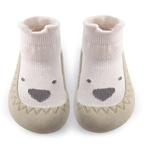 Toddler Sock Shoes - Baby First Walking Shoes Soft Sole with Grips for Boys & Girls (Beige Dog, Tag2