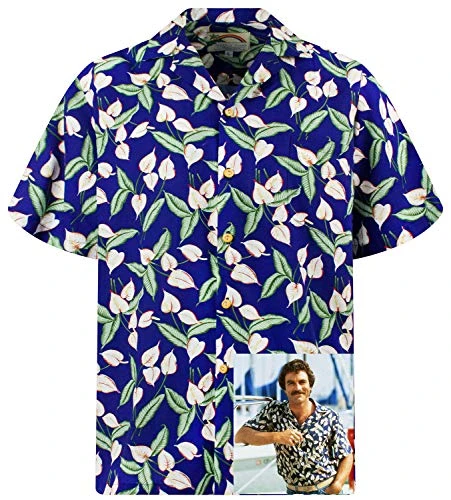 Tom Selleck Original Hawaiian Shirt, Shortsleeve, Green Leaves on Blue New, Blue, L