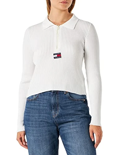 Tommy Hilfiger Women's Tjw Half Zip Thru Rib Badge Cardigans, Ecru, XL