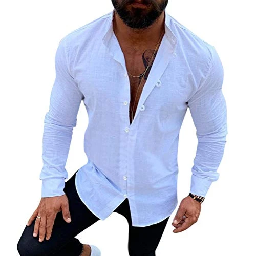 Tomwell Men Shirts New Long Sleeve Stand Collar Casual Light Comfortable Tops Solid Color Baggy Soft