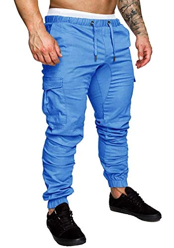 Tomwell Mens Cargo Trousers Slim Fit Jeans Skinny Elastic Drawstring Chinos Pants with Pockets Fashion Casual Sports Blue X-Large