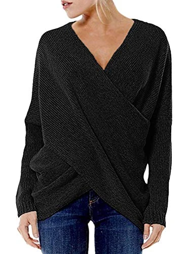 Tomwell Women Cross Wrap Front Knit V Neck Irregular Hem Jumper Sweater Long Sleeves Tops Black UK 14