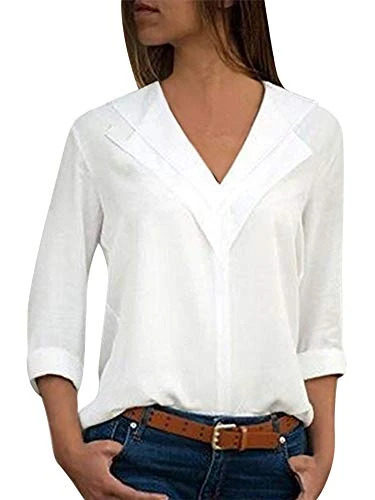 Tomwell Womens Casual V Neck Roll Long Sleeve Solid Color Chiffon Blouse Tops White UK 6