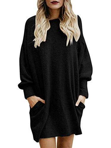 Tomwell Womens Ruched Long Foldover Collar Tunic Top Dress Winter Autumn Baggy Ladies Long Sleeve Blouse Fashion Sweatshirt Black UK 14