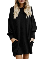 Tomwell Womens Ruched Long Foldover Collar Tunic Top Dress Winter Autumn Baggy Ladies Long Sleeve Blouse Fashion Sweatshirt Black UK 14