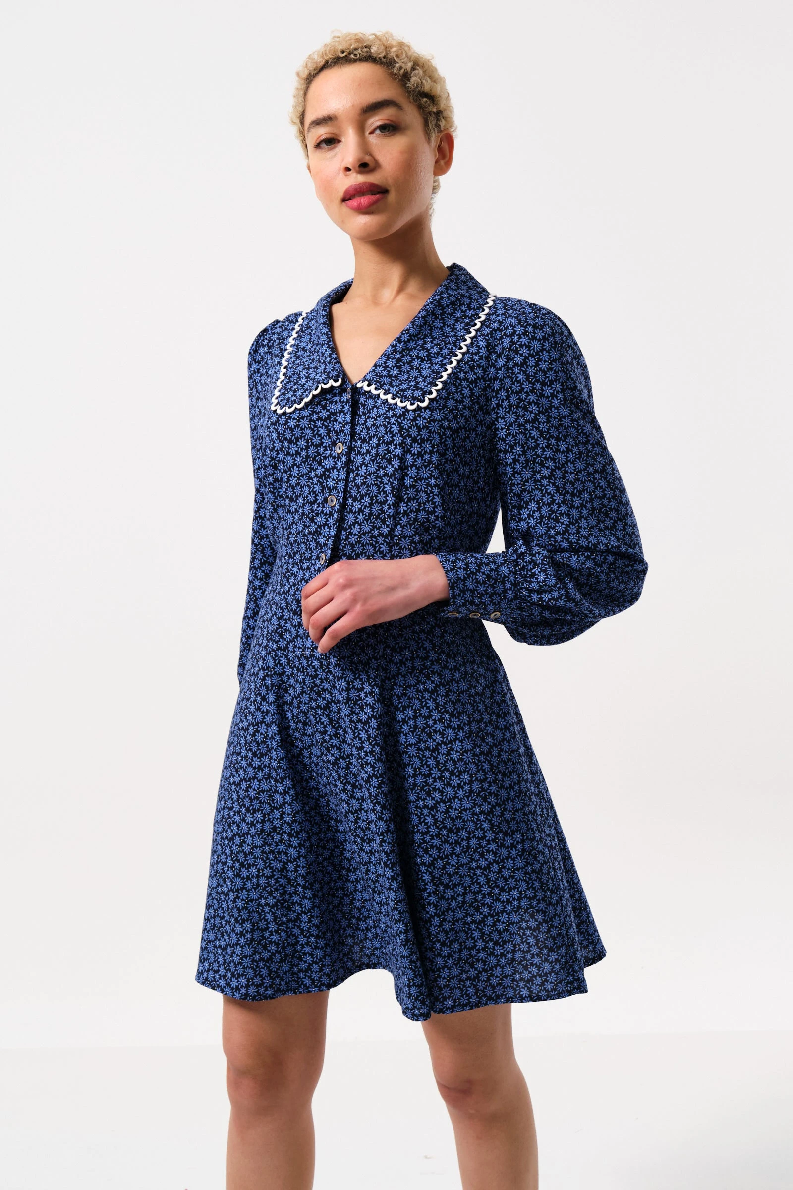 Tonya Daisy Time Lace Trimmed Collar Mini Dress - Navy