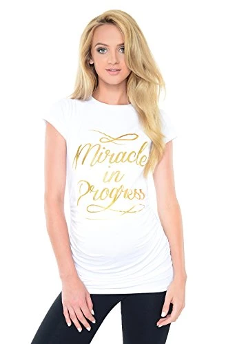 Top Pregnancy T-Shirt Tee for Pregnant Women Slogan Miracle in Progress Gold Print B2012 (16, White)