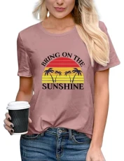 TOPLAZ Womens T Shirts Crew Neck Short Sleeve Sunshine Graphic Ladies Tops Summer Pink