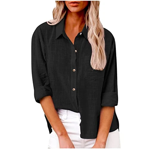 Tops for Women UK,Linen Shirt Women,Linen Shirts for Women Summer Long Sleeve Lapel Button Down Blou