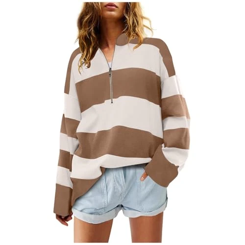 Tops Womens Oversized Striped Sweatshirts Long Sleeve Polos Shirts Comfy Cotton Tops Loose Button Henley Neck Pullover Dressy Tunic Blouses Casual Athletic Fit Hoodies S-XXL