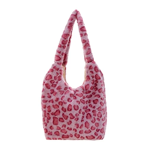 Tote Bag Aesthetic Cute Tote Bags Pink Leopard Fuzzy Purse Plush Shoulder Bag Fuzzy Tote Bag Large Handbag for Women Girl