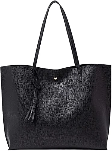 Tote Bag for Women Bag for School Work Large Capacity Black Tote Bag Women Shoulder Bag Soft PU Leather With extra Scarf (Black)