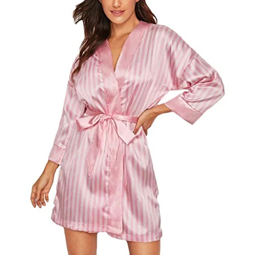 Towel Dressing Gown Lingerie Satin Sleepwear Stripe Silk Robe Pajamas Size Women Sexy Bathrobe Plus Cotton Robe with Hood for Women Plus Size (Pink, S)