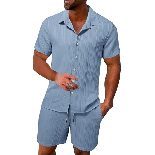 Tracksuit Men's Baggy Summer Sports Suit 2-Piece Button Short Sleeve Button Up Shorts Beach Shirt Sh