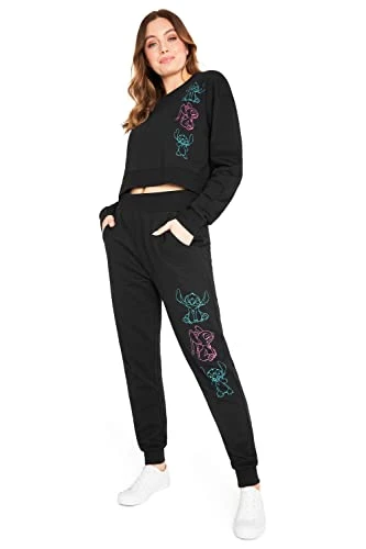 Tracksuit Womens Full Set, Stitch Crop Top Loungewear Set (Black, 2XL)